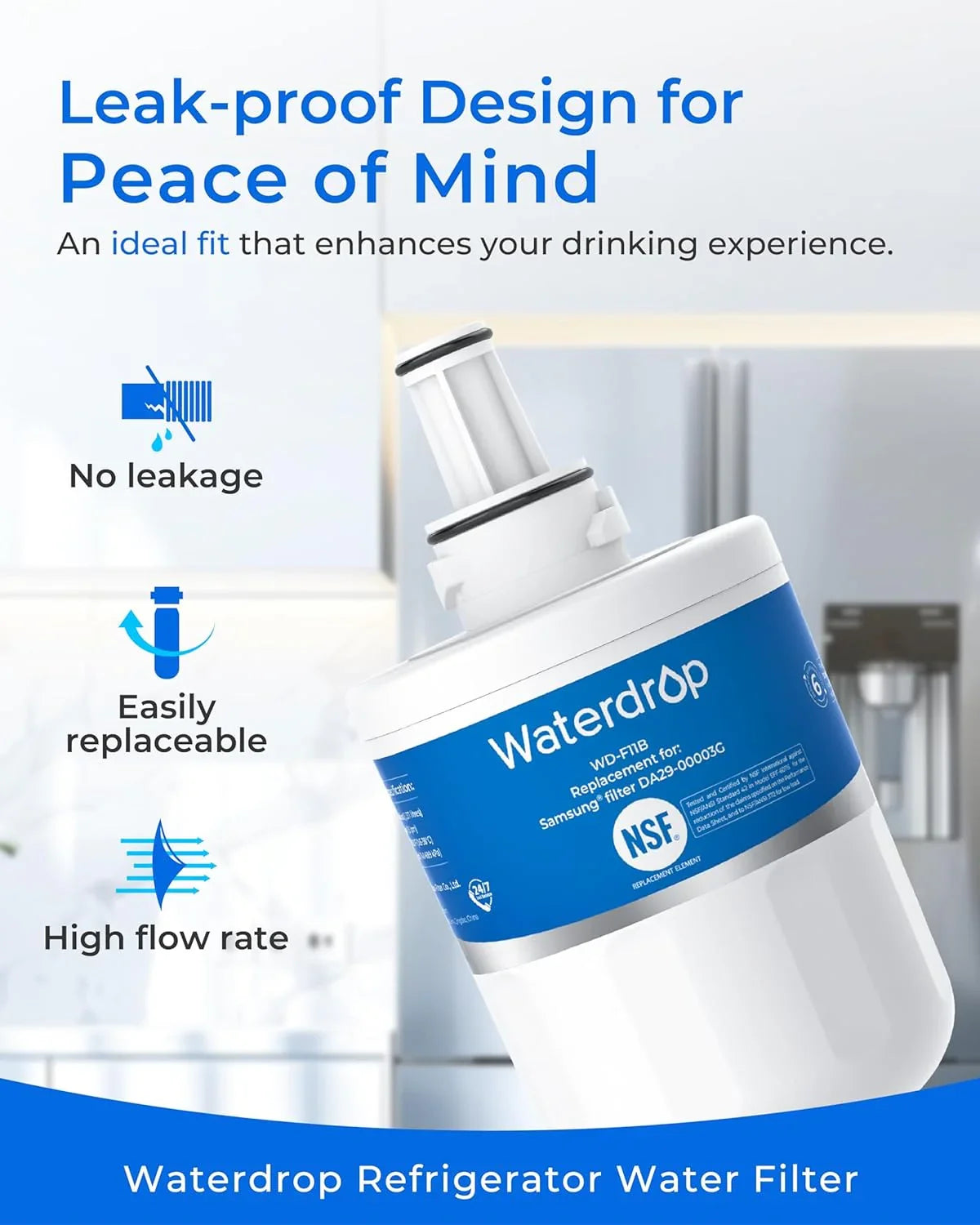 Genuine Waterdrop DA29-00003G Refrigerator Water Filter, Replacement for Samsung®, DA29-00003B, DA29-00003A, Aqua-Pure Plus, HAFCU1, RFG237AARS, FMS-1, RS22HDHPNSR, RSG257AARS, 3 Filters (Package May Vary)